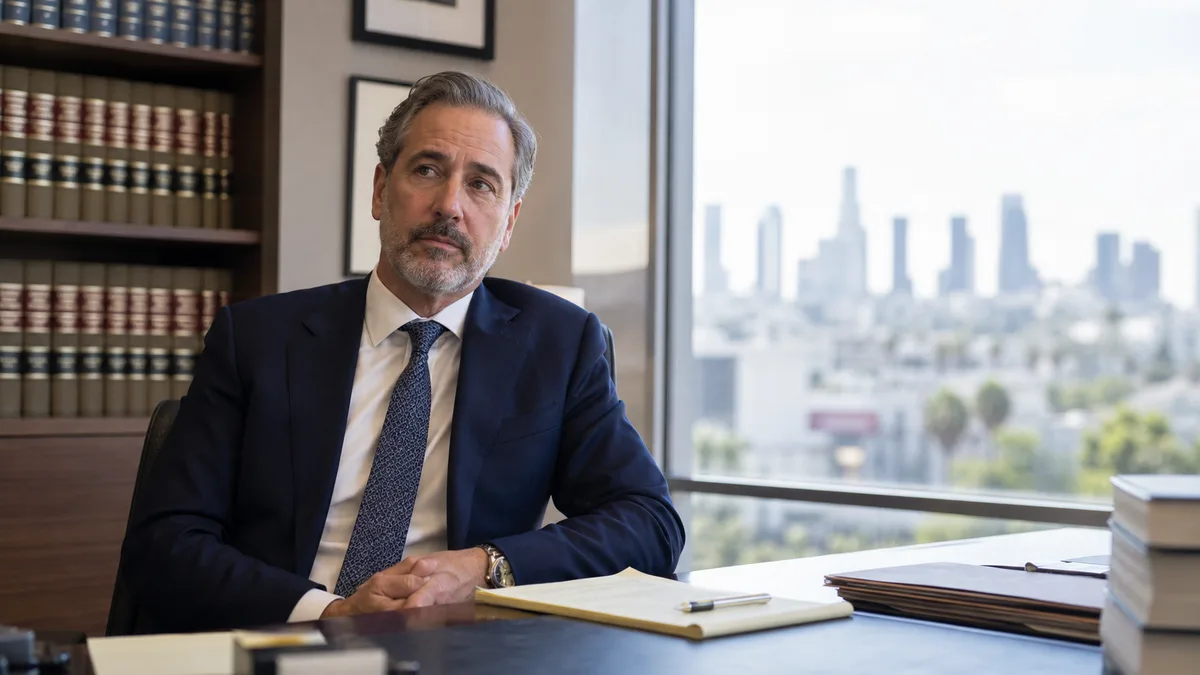Attorney seated in a Los Angeles office during an editorial interview