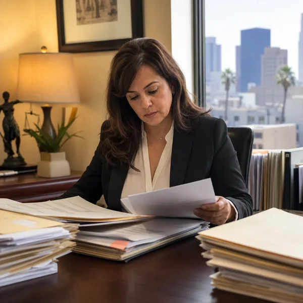 Immigration attorney reviewing case files in a downtown office