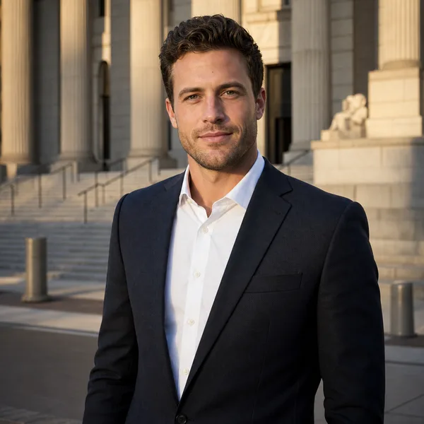 Young attorney standing outside a Los Angeles courthouse