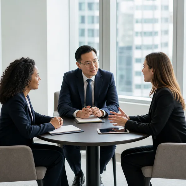 Three attorneys discussing small-firm economics around a conference table