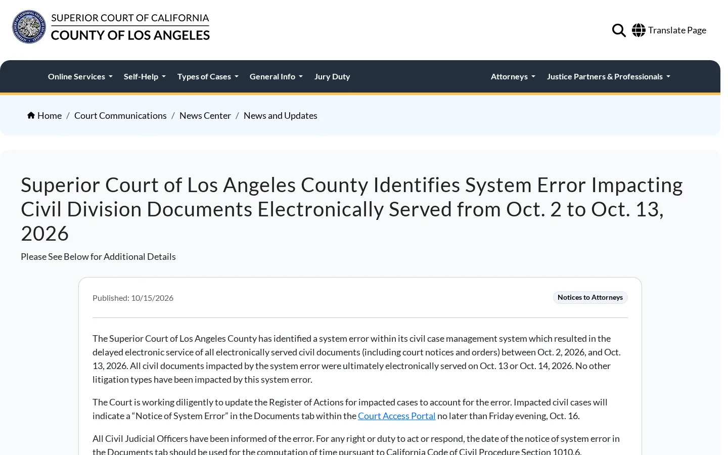 Notice page published by the Superior Court of Los Angeles County on October 15, 2026, titled System Error Impacting Civil Division Documents Electronically Served from Oct. 2 to Oct. 13, 2026