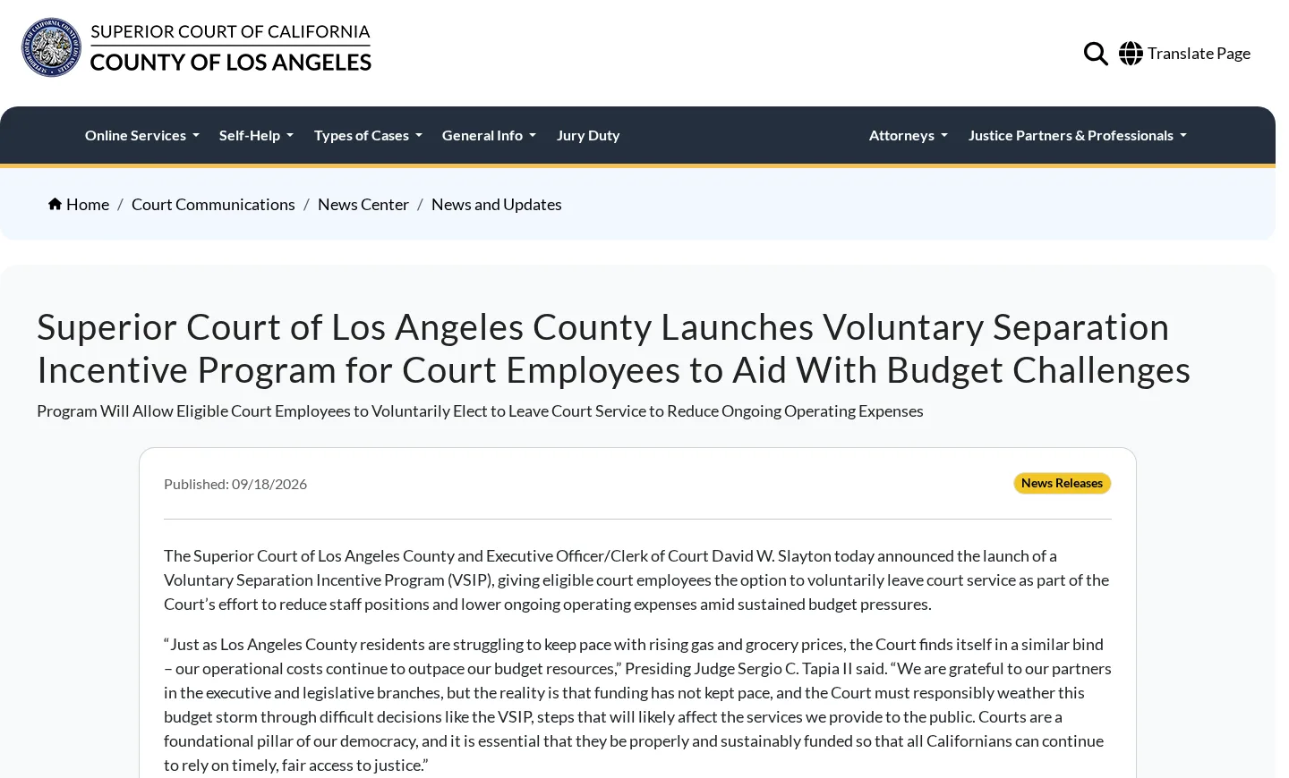 Screenshot of the Superior Court of Los Angeles County's September 18, 2026 news release announcing the Voluntary Separation Incentive Program
