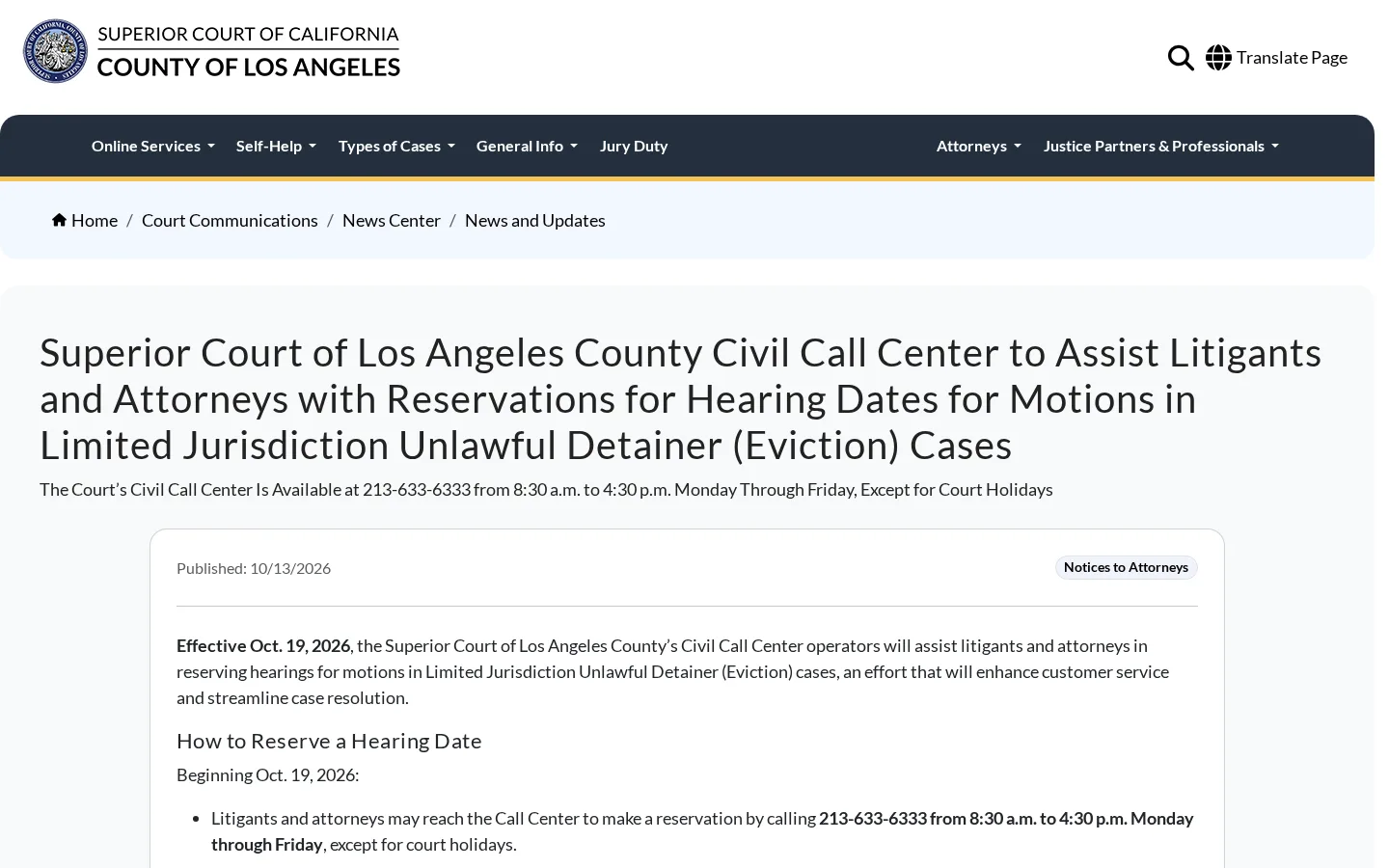 Notice page published by the Superior Court of Los Angeles County on October 13, 2026, titled Civil Call Center to Assist Litigants and Attorneys with Reservations for Hearing Dates for Motions in Limited Jurisdiction Unlawful Detainer (Eviction) Cases